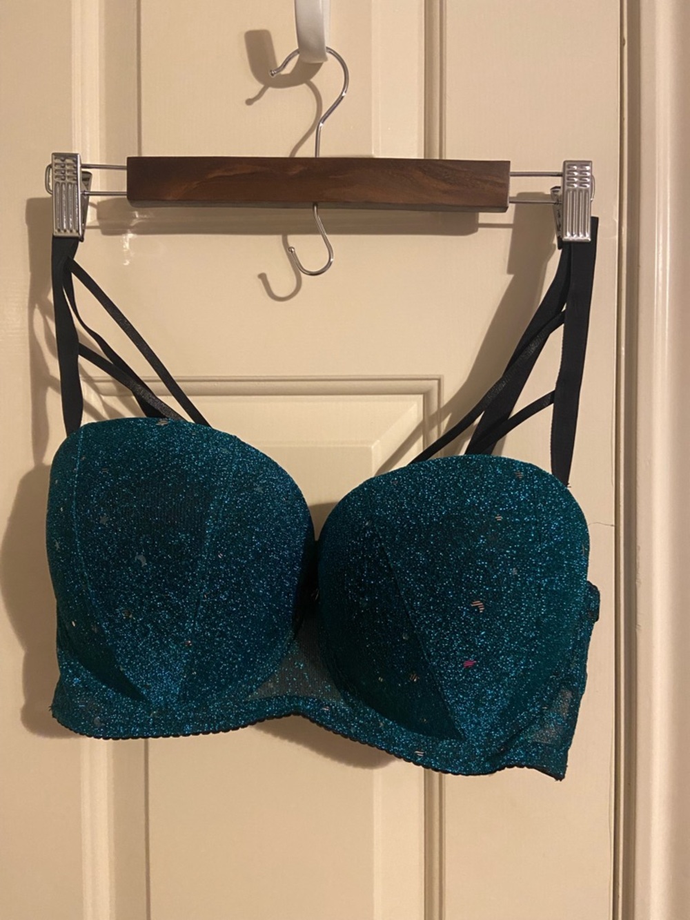Othr Sparkle Teal Glitter bra with Black Straps…very padded